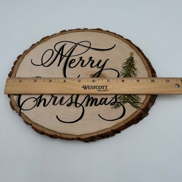 Natural hand cut wood slice hand painted with Merry. Christmas and Tree raw edge - Picture 9 of 10